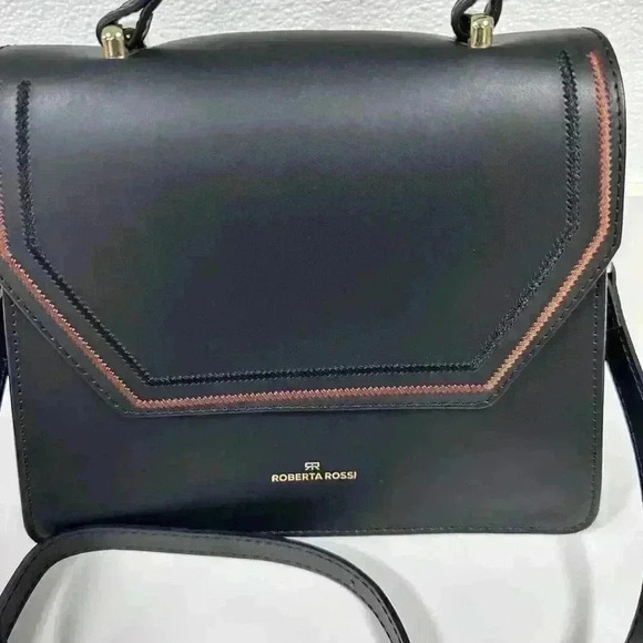 New ROBERTA ROSSI Genuine Leather Flap Satchel/Crossbody Bag Black Made In Italy - Picture 3 of 16